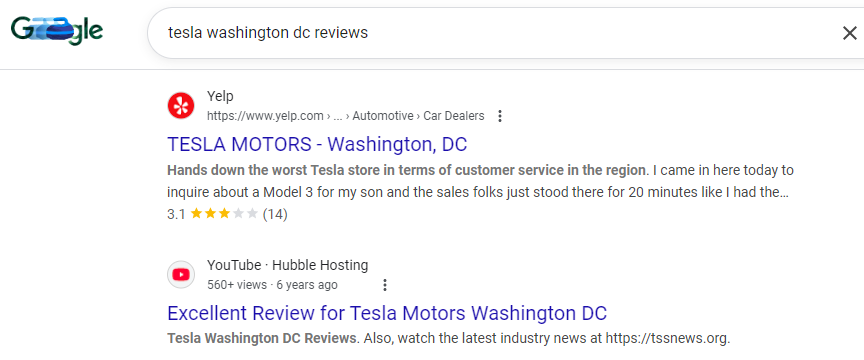 Google search results for "Tesla Washington DC reviews"