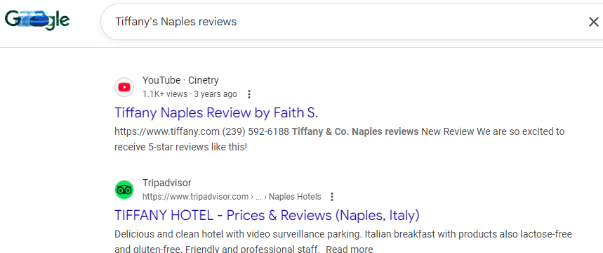 Google search results for "Tiffany's Naples reviews"