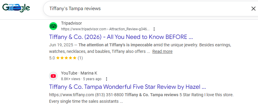 Google search results for "Tiffany's Tampa reviews"